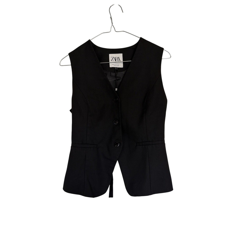 Zara Womens Black Tailored Button Front Waistcoat Vest Back Cutout Size XS